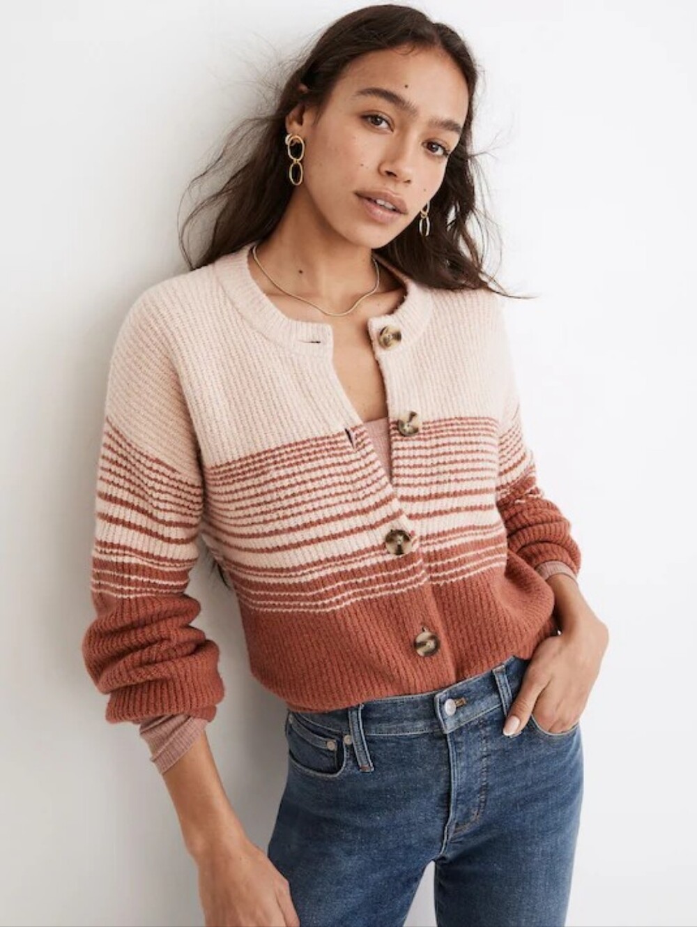 Madewell Striped Rose Cardigan Sweater balloon sleeves Fisherman soft girl Cozy